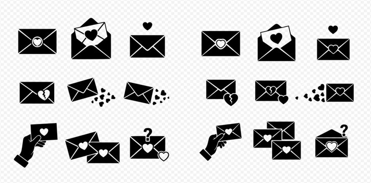 Set of black and white icons depicting various love letter and email concepts.