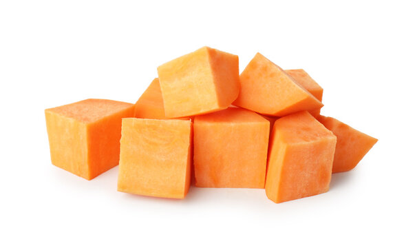 Pieces of raw sweet potato isolated on white