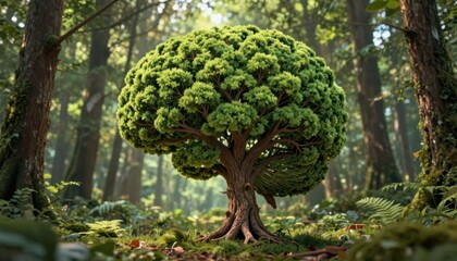 Digital tree artwork in a lush forest setting captured from ground level illustrating nature and technology harmony