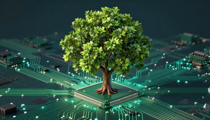 Digital tree network on circuit board futuristic environment 3d rendered content nature integration technology viewpoint