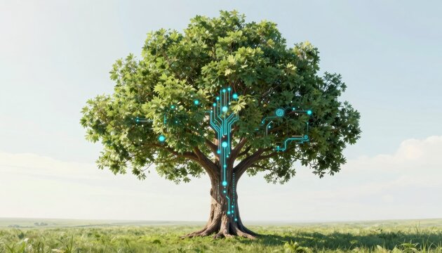Digital tree integration in nature futuristic technology landscape vibrant environment aerial viewpoint innovative concept for eco-tech solutions - Powered by Adobe