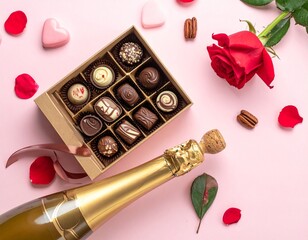 Champagne chocolate pairing, elegant flat lay, romantic mood, luxury look