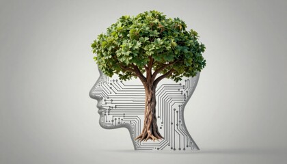 Digital tree concept integrating nature and technology in a minimalistic environment with a futuristic viewpoint