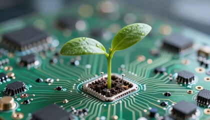 Digital growth of a tree on a circuit board technology innovation nature fusion macro viewpoint concept of digital sustainability