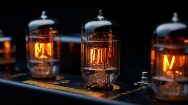 4K Warm glowing vacuum tubes in a vintage audio amplifier, showcasing classic analog electronics and retro sound technology video