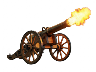 Old cannon firing with flames and smoke on transparent background