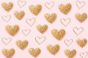 Fototapeta premium Golden heart shapes on a pink backdrop. A flat lay of shining love and romance. Decorative objects, festive mood, sweet.
