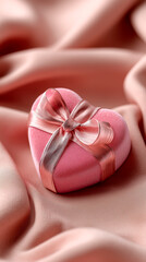 Pink heart-shaped gift box with a ribbon is on a pink cloth
