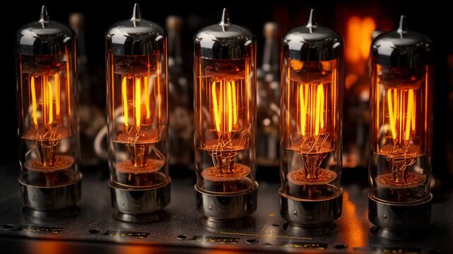 4K Closeup of vintage glowing vacuum tubes in an old electronic device, showcasing warm orange light and retro technology video