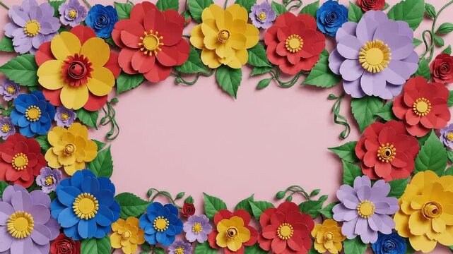Festive floral frame animation with a blank botanical template and copy space, featuring colorful paper flowers and green leaves growing and appearing on a pastel pink background