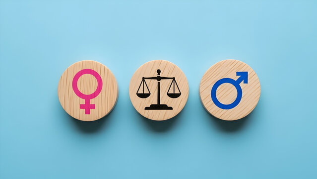 Gender equality concept with scales of justice between male and female symbols on blue background. Equal rights, workplace fairness, balance, illustration.