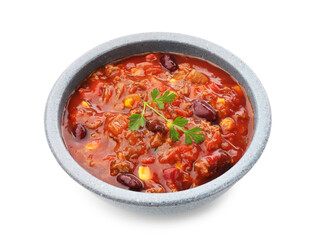 Delicious chili con carne in bowl isolated on white
