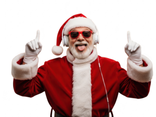 Funny santa claus wearing sunglasses and pointing up isolated on transparent background with a cheerful expression on his face and hands