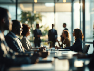 Blurred image of diverse business professionals in a modern, sunlit conference room, engaged in a corporate meeting, symbolizing teamwork and collaboration in a dynamic office environment.