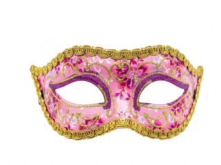 Pink masquerade ball carnival party mask with gold trim and purple details isolated on transparent background