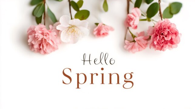 Delicate pink and white flowers blooming at the top, a clean white background with hello spring text