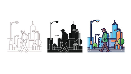Fototapeta premium Graphic depiction illustrating different stylistic variations of a young man walking with a backpack through a modern city street scene featuring streetlights and tall buildings