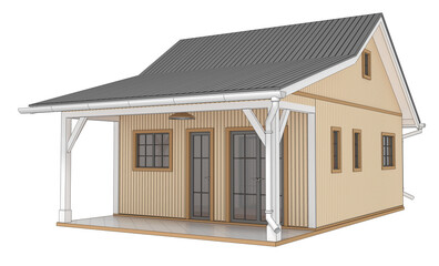 Light brown small cottage mockup drawing with porch, glass doors and grey roof. 3d illustration isolated on white