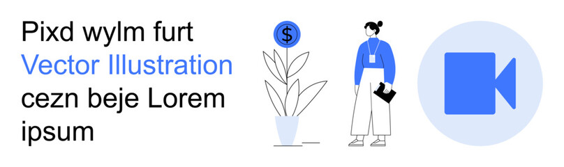 Business strategy, financial growth, online collaboration, virtual communication, financial planning, and teamwork. A person holding a document stands by a plant with a dollar sign. Business strategy