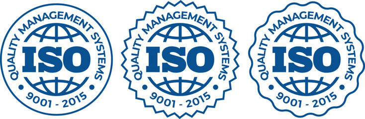 Fototapeta premium Set of ISO 9001-2015 Quality Management Systems Blue Badges on White Background