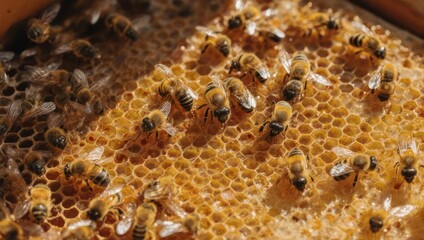 Close-up of honeybees swarming on a honeycomb, showcasing intricate hexagonal cells