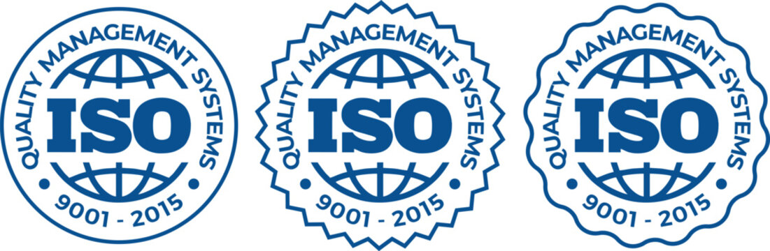 Set of ISO 9001-2015 Quality Management Systems Blue Badges on White Background