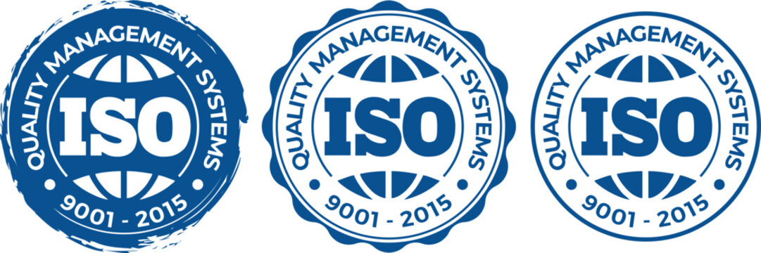 Set of Blue ISO 9001-2015 Quality Management Systems Vector Badges