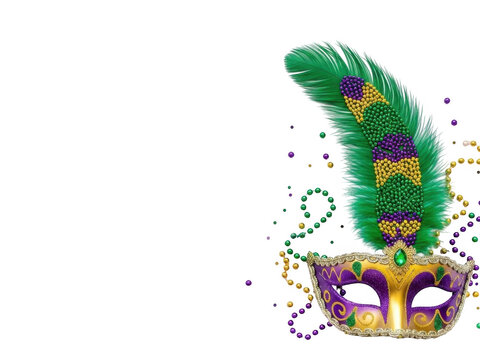 A colorful mardi gras mask with feather and beads on isolated transparent background