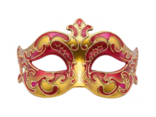 A gold and red masquerade mask with intricate designs on isolated transparent background