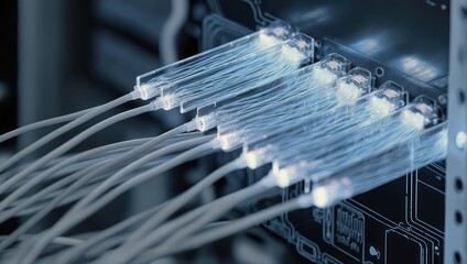 Close-up of illuminated fiber optic cables connected to a circuit board, data transfer visual