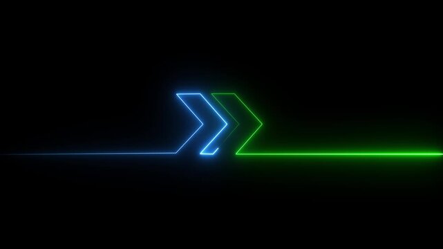 Glowing Neon Right direction arrow icon animation .neon line directional right arrow animation. right arrow for road direction.Glowing neon light animated traffic directional arrows sign.4k video