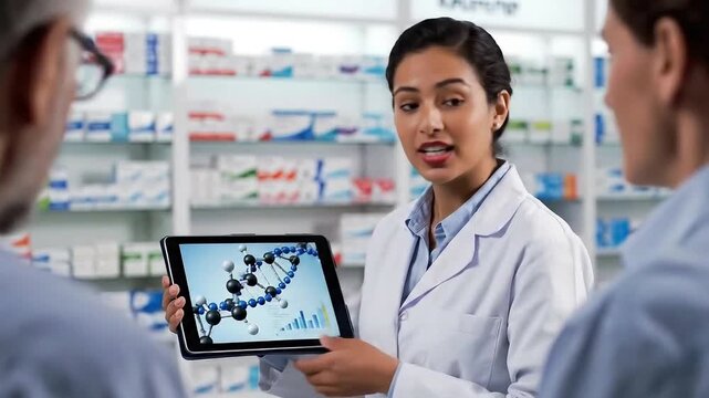Pharmacist presenting medical data on tablet to colleagues in modern pharmacy