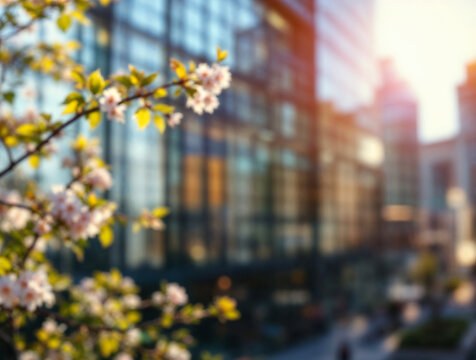 Delicate cherry blossoms in full spring bloom, set against a blurred backdrop of modern city architecture and warm sunlit reflections, capturing urban nature. - Powered by Adobe