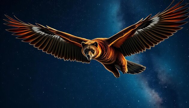 A massive ursine with feathered wings soars through a starry night sky,  creature design,  spirit animal