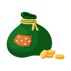 Green Bag full of gold coins. Hand drawn vector illustration. Object on white background. Design element for Saint Patricks Day. © plaksik13