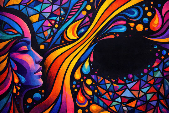 Colorful face profile with geometric shapes on black background. A vibrant and abstract artwork with rich texture. Artistic expression, creative design, unique pattern. - Powered by Adobe