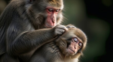 Fototapeta premium Two Japanese macaques grooming in a forest. A close-up shot showcasing care and affection. Wildlife bonding, primate behavior, animal relationships.