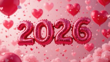 Red 2026 balloons with heart confetti pink