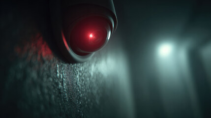 A CCTV camera is mounted on the wall in a dark room.