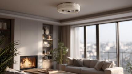 Smoke detector on the ceiling in the living room. House security system.