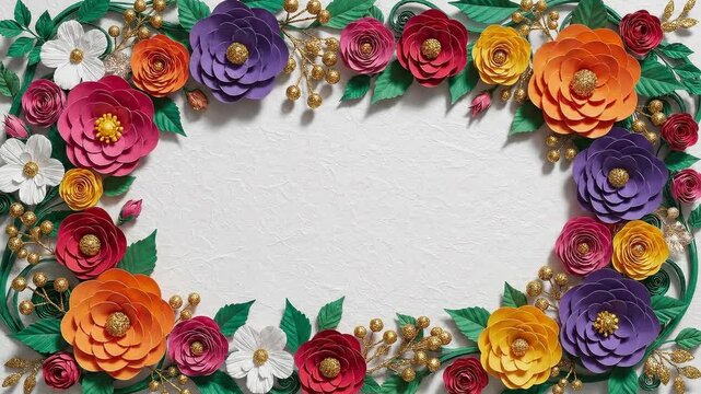 Festive floral frame animation with a blank botanical template and copy space, featuring colorful paper flowers and green leaves growing and appearing on white background