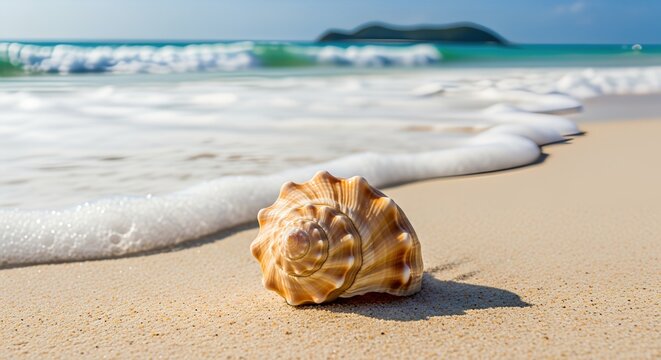 Seashell on a sandy beach with waves in the background, bright sunlight. A serene, peaceful shot of coastal beauty and summer vibes. . Tropical escape, summer dream, paradise found. - Powered by Adobe