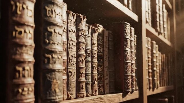 Vintage leather bound books on wooden shelf with intricate designs