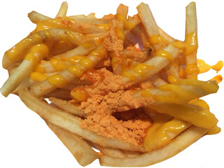 Isolated French friestopped with cheese and mayonnaise 