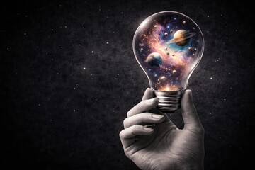 Hand holding lightbulb filled with planets and nebula against starry background. A conceptual image of the universe in miniature. Innovation, cosmic inspiration, discovery.