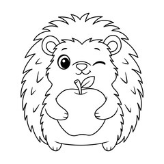 Cute cartoon hedgehog holding a big apple coloring page for kids