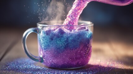 captivating beverage creation an innovative beverage maker pours a cascade of vibrant sparkling liquid into an elegant ornate mug creating a captivating display of color and light