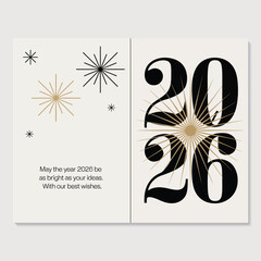 A modern new year 2026 greeting card featuring stylish typography and a bright starburst design