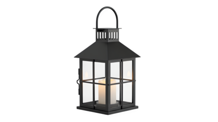 Classic black metal lantern with burning candle inside, isolated on transparent background