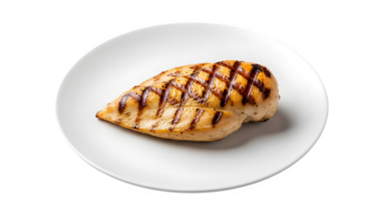 Grilled chicken breast fillet served on a white plate isolated on transparent background